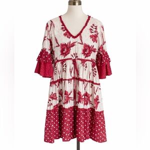 Lola Australia Bell Sleeved Peasant Floral Midi Cotton Dress Pink AU 16 / US 12